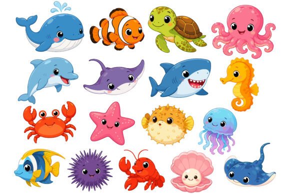 Download Cute Kawaii Sea Animals Clipart Set - Sea animals clipart Collection